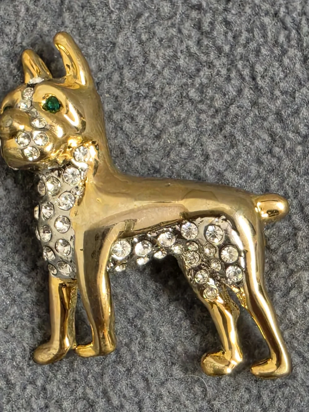 Gold Tone Boston Terrier Dog Brooch Green Eyes Clear Rhinestone Pin New